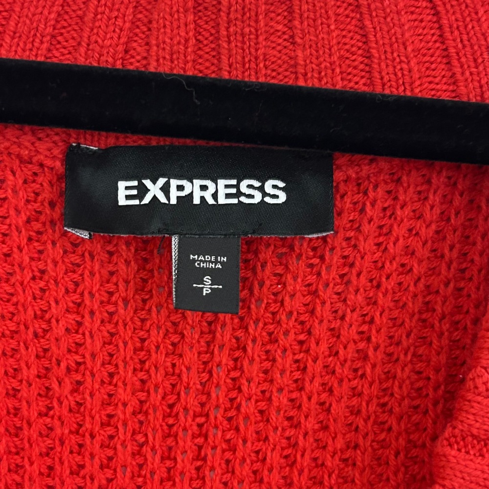 Express Red V-Neck Shaker Knit Sweater Black White Sleeve Stripe Womens Small - Picture 3 of 8